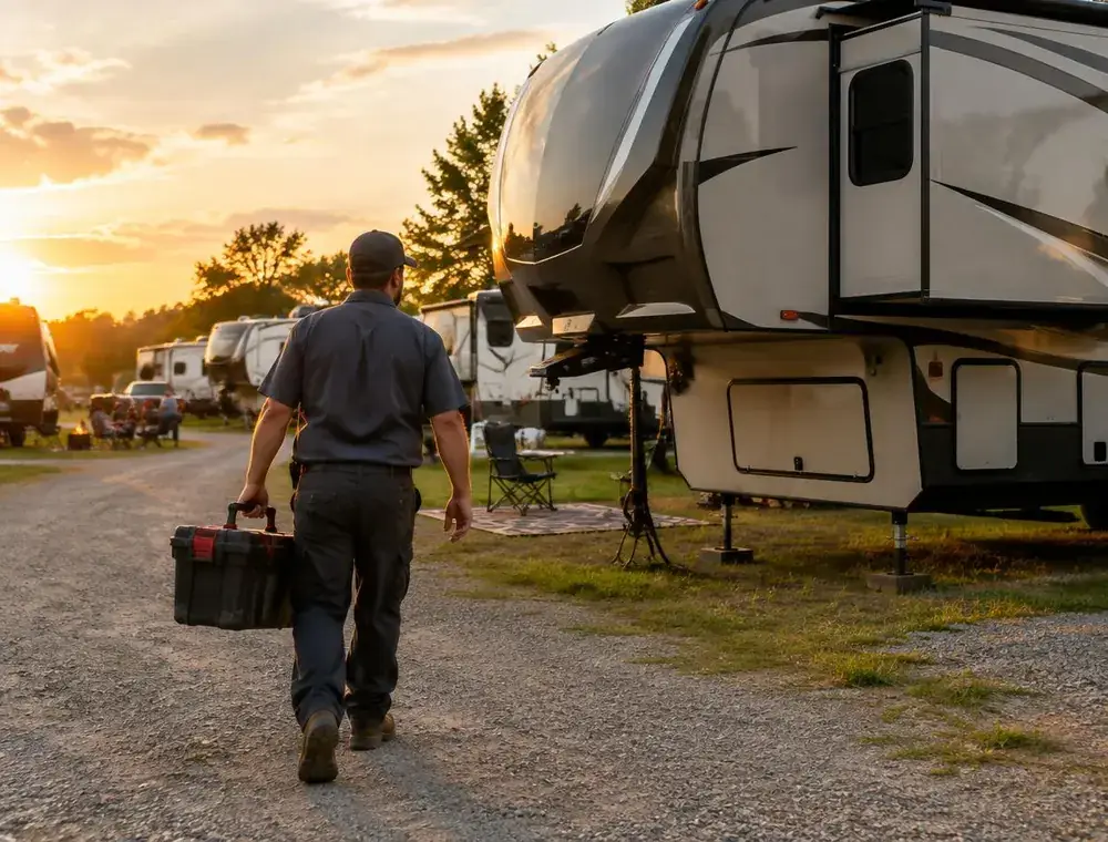 Mobile RV Mechanic at a Kansas City Campground Mobile RV mechanic walking toward a fifth wheel at a campground near Kansas Speedway in Kansas City, KS