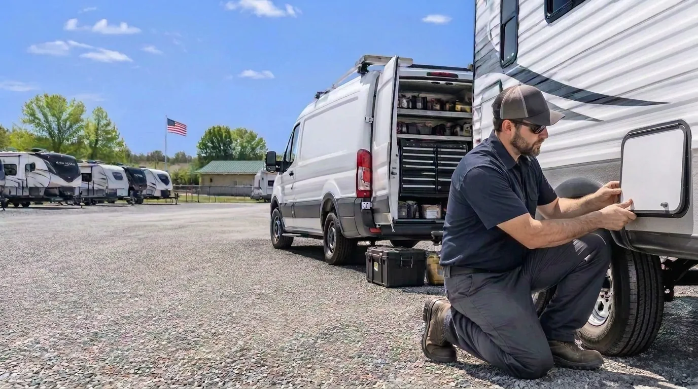 Mobile RV Repair Kansas City Technician On Site Mobile RV repair technician beside a travel trailer at a Kansas City storage lot on a sunny day